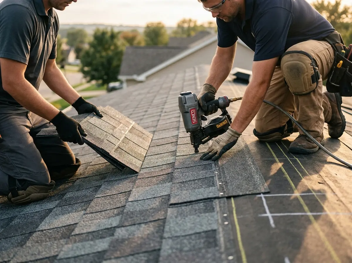 Professional roofer working on a residential roof in Hillside